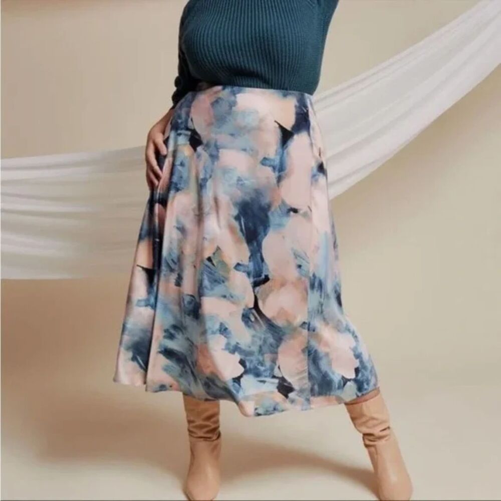 Eloquii Skirt Size 24 Satin Watercolor Midi Stretch Waist New Flowy